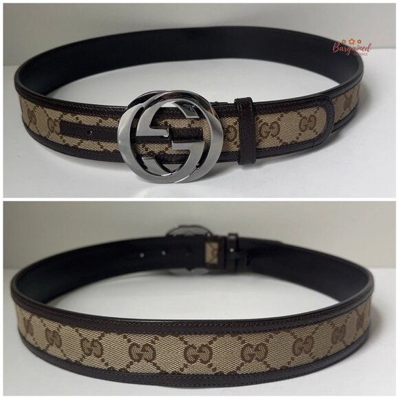Auth GUCCI Brown Monogram Canvas Leather Silver Interlocking G Buckle Belt 85/34 - Picture 5 of 13